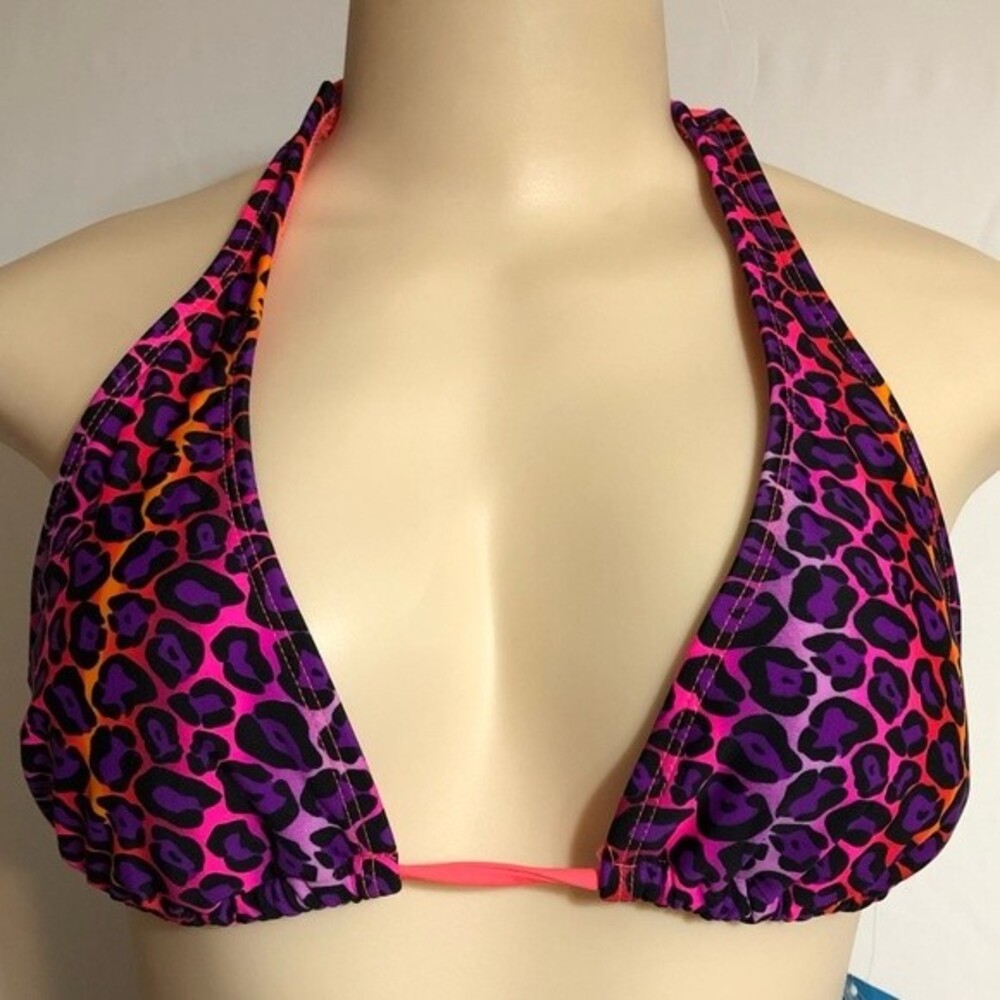 NWT California Waves Halter Neck Bikini Swim Top Animal Print Teal Pink M